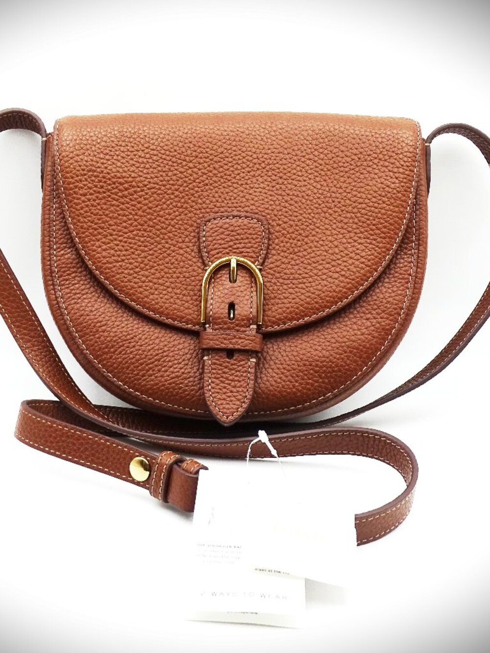 FOSSIL Everleigh Genuine Brown Leather Flap Over Large Crossbody